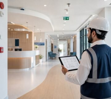 مهندس يفحص مخطط سلامة عيادة ومجمع طبي ضمن اشتراطات الدفاع المدني في السعودية