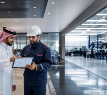 مهندس يراجع مخطط سلامة معرض سيارات وورشة صيانة
