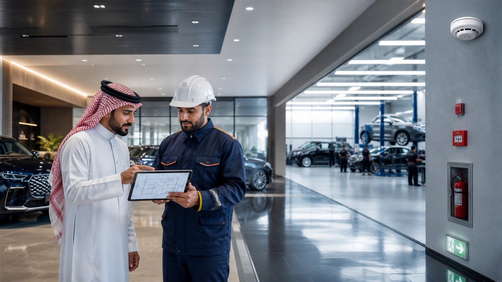 مهندس يراجع مخطط سلامة معرض سيارات وورشة صيانة