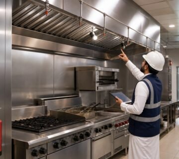 مهندس يفحص نظام إطفاء هود مطبخ تجاري ضمن اشتراطات الدفاع المدني للمطاعم والمقاهي