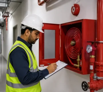 صورة توضيحية لمهندس يراجع قائمة فحص استلام أنظمة السلامة بجوار شبكة وخزانة إطفاء