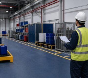 مهندس يراجع جرد مواد ومخطط سلامة مستودع عالي الخطورة في السعودية