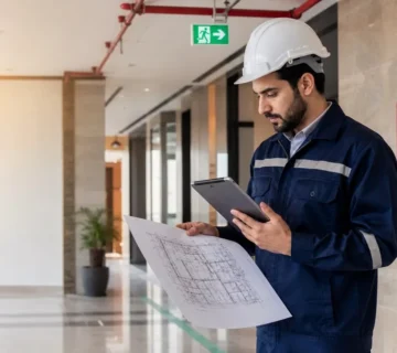 مهندس سلامة يراجع مخططات المنشأة لإعداد تقرير ملاءمة الدفاع المدني