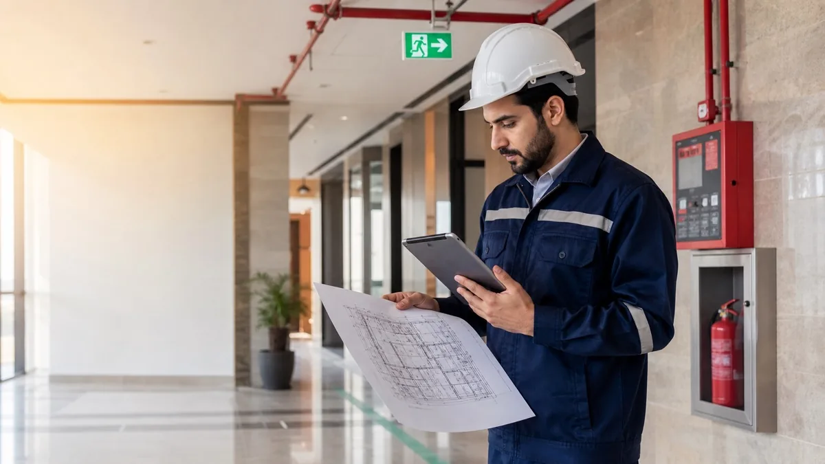 مهندس سلامة يراجع مخططات المنشأة لإعداد تقرير ملاءمة الدفاع المدني