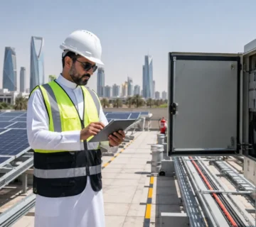 مهندس سلامة يفحص ألواح الطاقة الشمسية ولوحة العزل الكهربائي