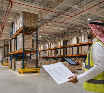 مهندس سلامة يراجع تصنيف بضائع مستودع متوسط الخطورة وأنظمة الرش