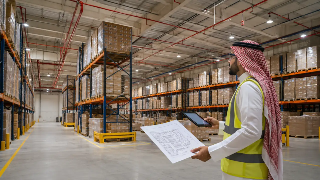 مهندس سلامة يراجع تصنيف بضائع مستودع متوسط الخطورة وأنظمة الرش