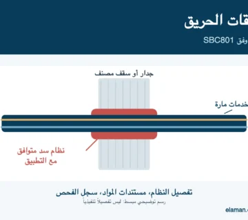 رسم توضيحي لفحص سد اختراقات الحريق حول تمديدات تمر عبر عنصر مقاوم للحريق